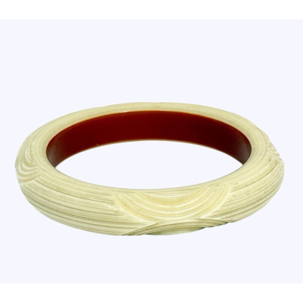 Vintage Carved Cream & Brown Bangle Bracelet Retro Bakelite Style Inner Dia - Picture 2 of 13